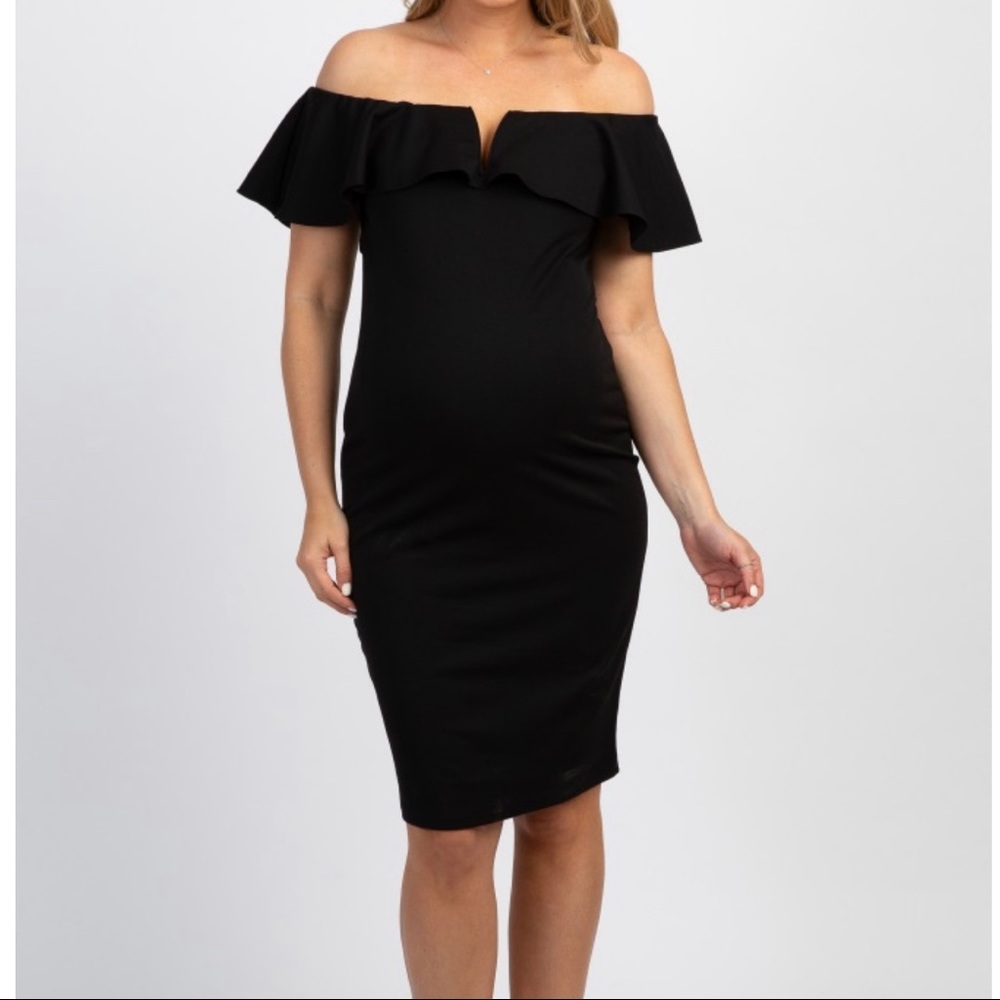 PinkBlush Black Fitted Ruffle Trim Maternity Dress